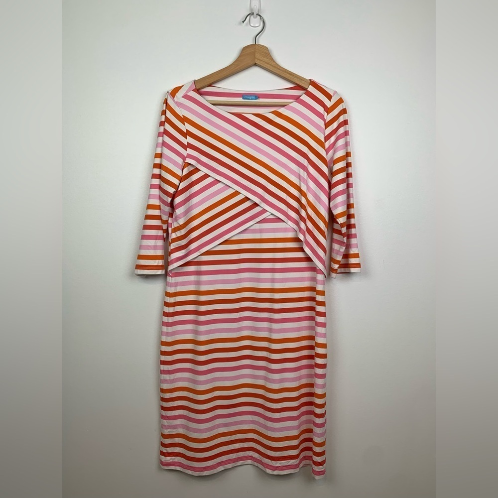 J. Mclaughlin Nicola Sheath Dress Size Large Orange Pink Stripes 3/4 Sleeves